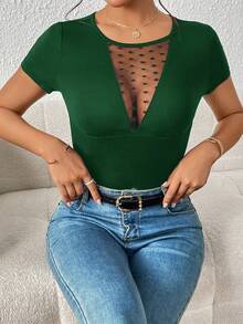 SHEIN Privé Contrast Dobby Mesh Insert Tee - Dark Green - View 3