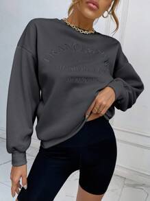 SHEIN Unity 字母刺繡落肩袖運動衫 - 灰色 - 查看 5