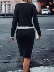 SHEIN Essnce 拼接邊開襟衫&吊帶毛衣洋裝 - 黑與白 - 查看 2