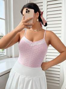 SHEIN EZwear 大碼蕾絲拼接網眼刺繡吊帶連體衣 - 粉色 - 查看 3