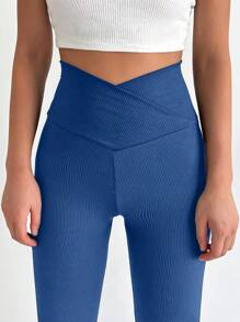 SHEIN Cottnline Solid V Waist Leggings - Blue - View 4