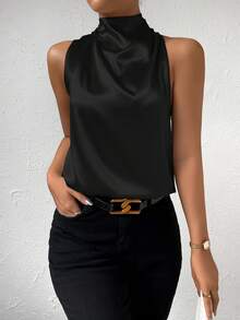 Solid Asymmetrical Shoulder Mock Neck Blouse - Black - View 4