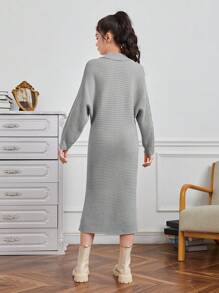 Adolescent Fille Robe Pull Col cranté Manches Chauve-Souris - Gris pâle - Voir 2