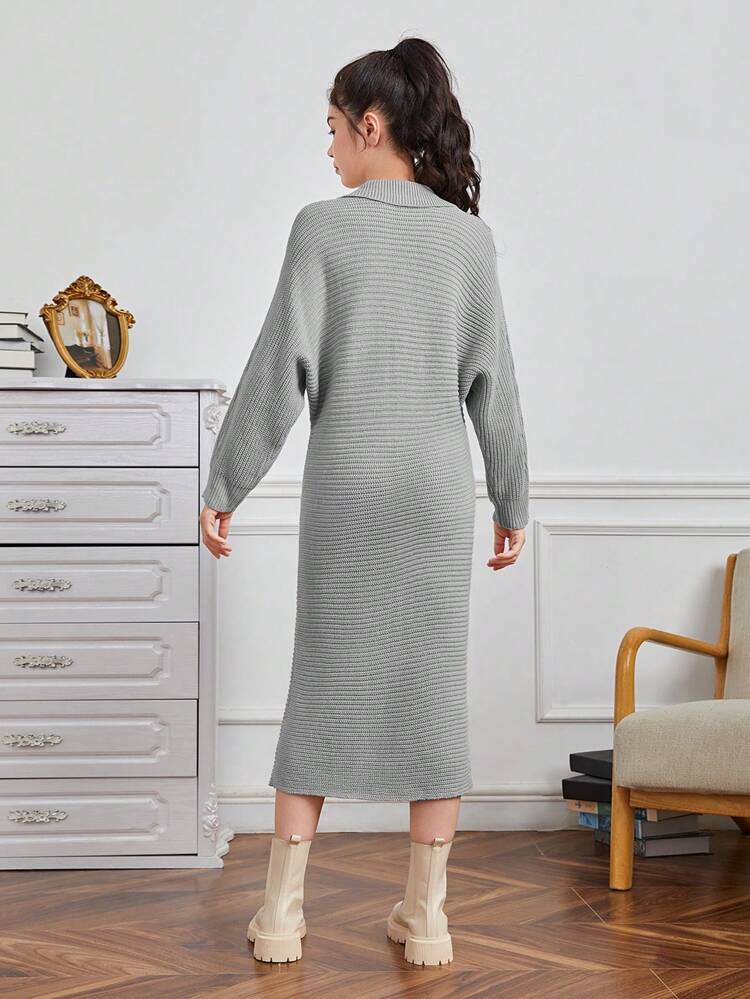 Teen Girl Notched Neck Batwing Sleeve Sweater Dress