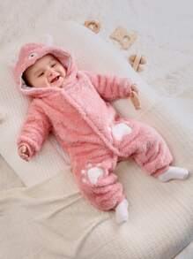 SHEIN Persoplay Kids Baby Mädchen PJ-Overall Cartoon Stickerei, 3D-Ohren Design, Kapuze, Flanell