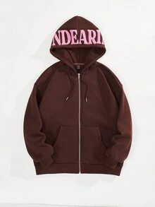 SHEIN EZwear 字母圖案拉鏈開襟落肩袖抽繩加絨內裏連帽衫 - 棕色 - 查看 5