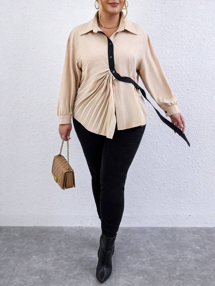 Plus Contrast Tape Knot Front Drop Shoulder Shirt