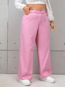 SHEIN EZwear 大碼高腰闊腿牛仔褲 - 淺粉色 - 查看 5