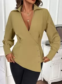 Chiquease Solid Button Front Shirt - Khaki - View 4