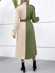 SHEIN VCAY Two Tone Double Breasted Belted Trench Coat - Army Green - View 2
