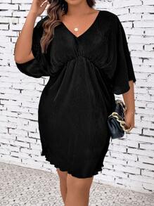 SHEIN Clasi 大碼蝙蝠袖木耳邊洋裝 - 黑色 - 查看 1