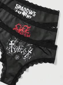 Bat Sada 3pcs Letter Graphic Contrast Lace Trim Mesh Panty Sets - Multicolor - View 4
