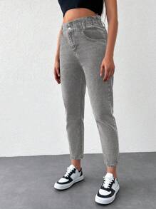 SHEIN Cottnline Women's Tapered Jeans - Hitam - View 3
