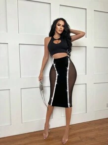 VaVaBold Contrast Mesh Contrast Tape Pencil Skirt - Black - View 1