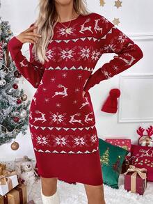 SHEIN LUNE 聖誕圖案落肩袖毛衣洋裝 - 彩色 - 查看 4