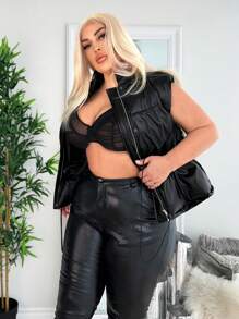 SHEIN SXY Plus Drawstring Waist Zipper Vest Padded Coat - Black - View 4