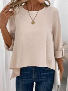 SHEIN LUNE Chất rắn Cuộn lên tay áo Viền không đối xứng Áo sơ mi - Màu Khaki - Xem 1
