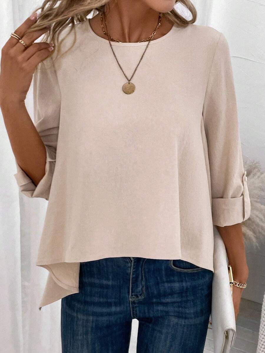 SHEIN LUNE Chất rắn Cuộn lên tay áo Viền không đối xứng Áo sơ mi - Màu Khaki - Xem 1