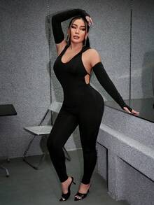 SHEIN SXY Mono unitard unicolor de espalda abierta con cordón con capucha - Negro - Ver 6