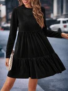 SHEIN Clasi Solid Ruffle Hem Smock Dress - Black - View 5