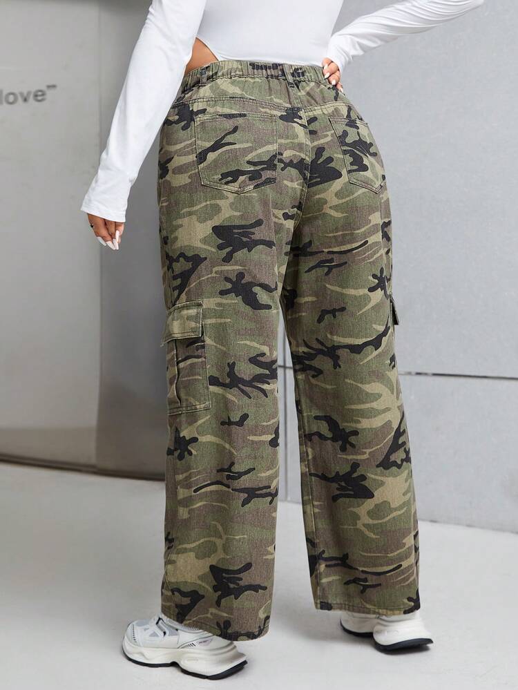 Plus Camo Print Flap Pocket Side Cargo Jeans