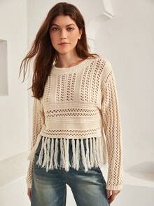 Bohemela Fringe Hem Pointelle Knit Sweater - Apricot - View 7