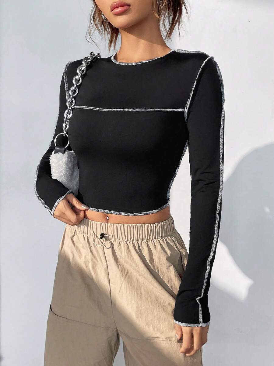 SHEIN EZwear Khâu trên cùng Áo phông Crop - màu đen - Xem 1