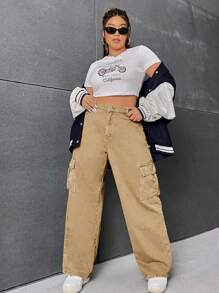 SHEIN EZwear Plus Flap Pocket Side Cargo Jeans - Khaki - View 4