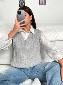 Flirla 大碼麻花編織毛衣背心不帶襯衫 - 灰色 - 查看 1