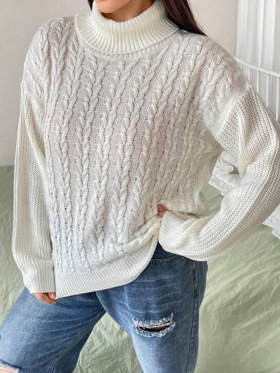 Flirla Plus Turtleneck Drop Shoulder Cable Knit Sweater Knit Pullover Fall Winter Outfit