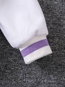 SHEIN 女小童標語和人物圖案條紋飾邊落肩袖學院風夾克 - 紫色 - 查看 3