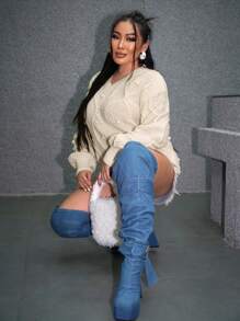 SHEIN SXY Chất rắn Pom Pom Thả vai Áo len - Màu be - Xem 4