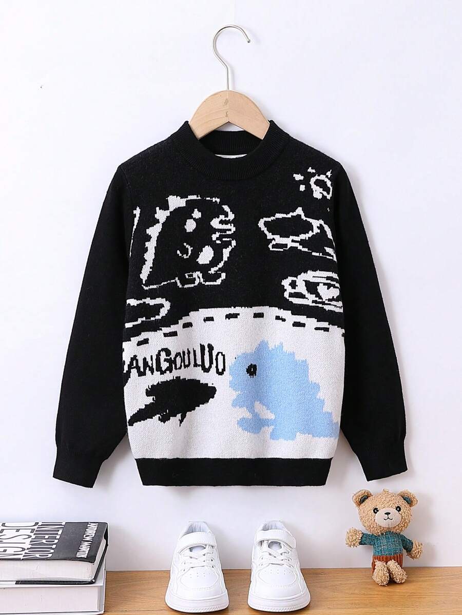 Young Boy Cartoon & Letter Pattern Sweater - Black - View 1