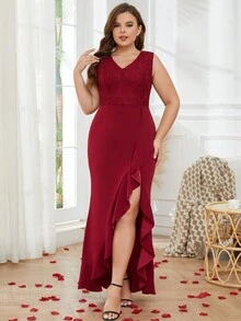 大碼上身蕾絲荷葉邊不對稱下擺連衣裙 - 酒紅色 - 查看 6