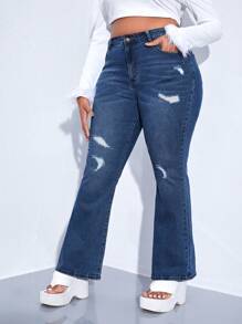 SHEIN SXY 大碼水鑽蝴蝶樣式牛仔喇叭褲 - 深色水洗藍 - 查看 5