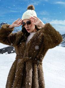 SHEIN LUNE Solid Open Front Longline Fuzzy Coat - Mocha Brown - View 4