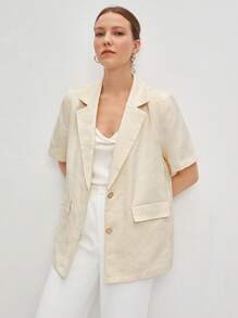 BizChic Lapel Collar Flap Detail Blazer - Apricot - View 1