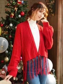 Knit Mix Fringe Hem Thả vai Áo len Mở - Đỏ - Xem 3