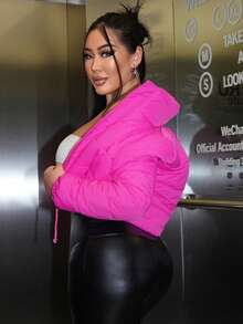 SHEIN SXY 拉链抽绳短款夹棉大衣 - 玫紅色 - 查看 3