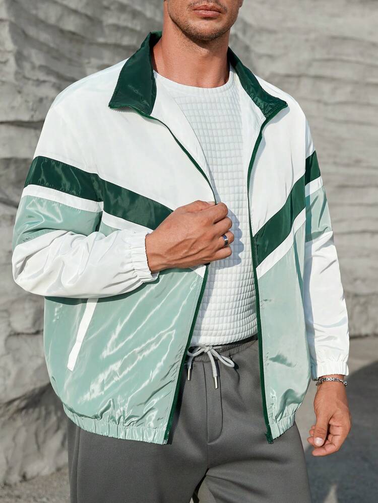 Loose Fit Men's Plus Size Colorblock Zip Up Windbreaker Jacket, For Fall Winter