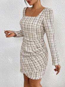 Chiquease Plaid Pattern Square Neck Ruched Tulip Hem Dress - Multicolor - View 5