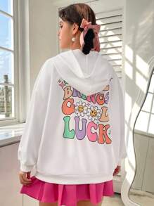 SHEIN EZwear 女款大尺碼字母印花連帽落肩運動衫 - 白色 - 查看 5