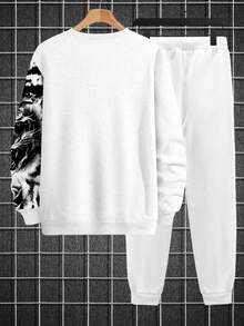 Hombres talla grande Sudadera con letra con estampado de tigre & Pantalones deportivos de cintura con cordón - Blanco - Ver 2
