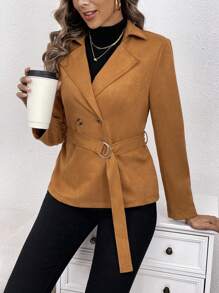 SHEIN Clasi 西裝領雙排釦腰帶仿麂皮外套 - 卡其色 - 查看 1