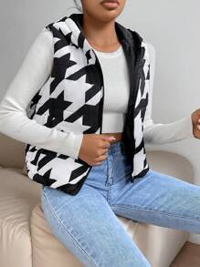 Chiquease Houndstooth Print Hooded Vest Padded Padded Coat Clothes Winter - Black and White - View 4