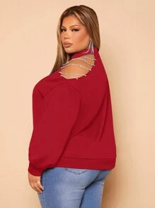 SHEIN SXY Plus Rhinestone Detail Asymmetrical Neck Drop Shoulder Sweatshirt - Red - View 2