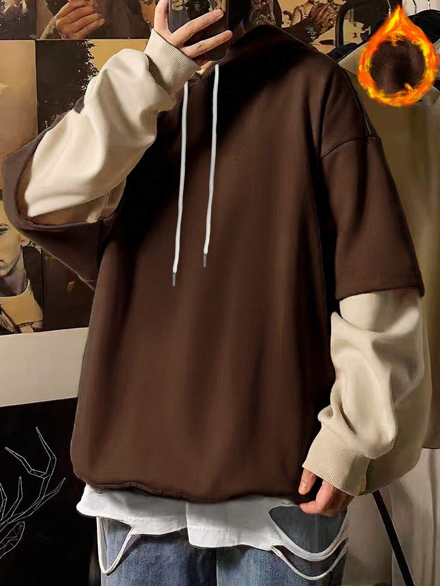 Claim Dot 宽松男士撞色抽绳二合一连帽衫，棕色男士连帽衫，棕色卫衣，男士宽松连帽衫，秋季款，长袖上衣 - 咖啡棕 - 查看 1