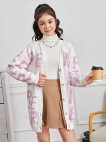 青少年女孩字母圖案落肩袖開襟衫 - 白色 - 查看 1