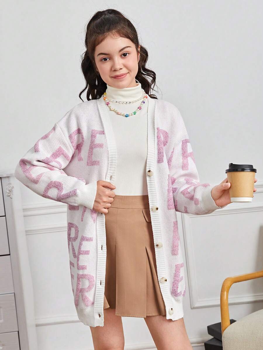 青少年女孩字母圖案落肩袖開襟衫 - 白色 - 查看 1