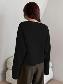 Dazy Star Solid Drop Shoulder Front Crossover Sweater,Long Sleeve Tops,Fall Clothes - Black - View 2